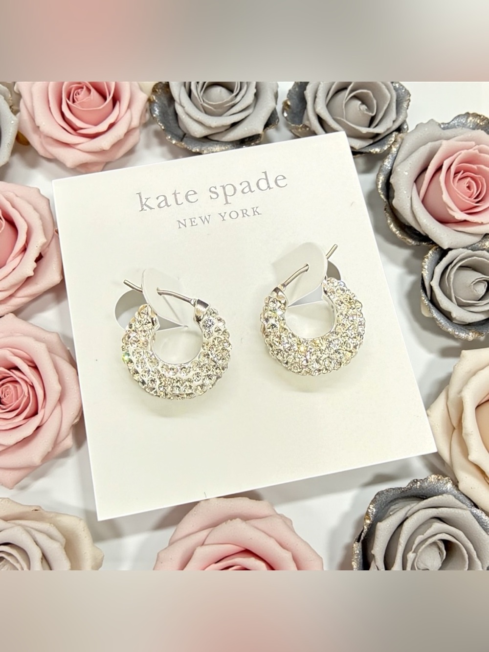 ♠️KATE SPADE♠️‘Pop of Joy’Crystal Pave Crescent Huggie Earrings w/Dust Bag/NWT